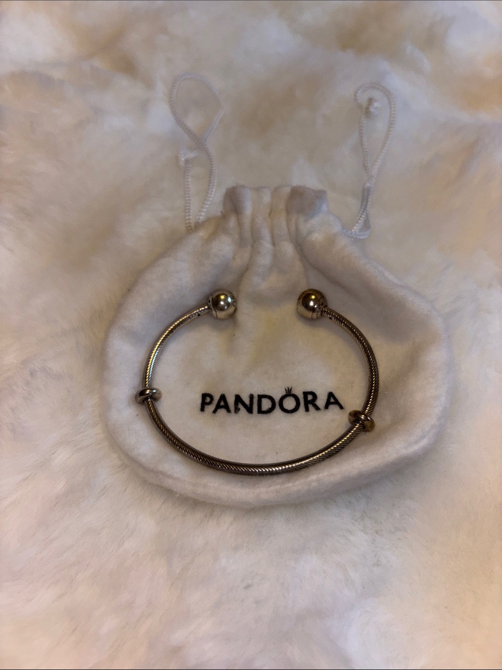 Pandora Silver-Tone Open Bangle with Polished End Caps